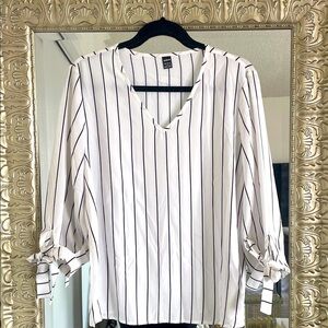 SHEIN White and Black Striped V-Neck Blouse